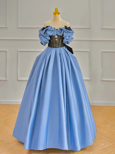 A-line Off Shoulder Satin Blue Long Prom Dress Blue Long Formal Dress