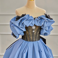 A-line Off Shoulder Satin Blue Long Prom Dress Blue Long Formal Dress - Thumbnail 2