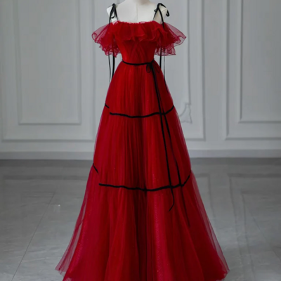 Off shoulder tulle burgundy long prom dress burgundy fairy evening dress