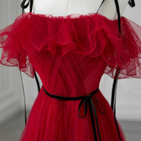 Off Shoulder Tulle Burgundy Long Prom Dress Burgundy Fairy Evening Dress - Thumbnail 1