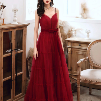 A-line v neck tulle burgundy long prom dress burgundy long evening dress