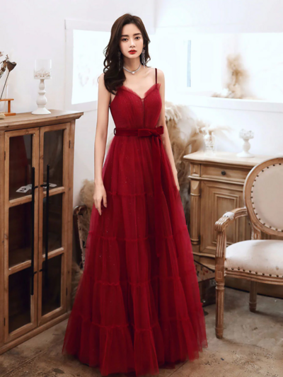 A-line V Neck Tulle Burgundy Long Prom Dress Burgundy Long Evening Dress