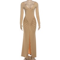 Stylish solid color sexy slim-fit bodycon pleated slit dress - Thumbnail 1