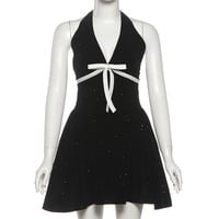 Christmas halter neck backless V-neck bow waist-cinching dress - Thumbnail 3