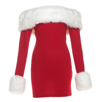 Color-blocked plush off-shoulder fitted dress - Thumbnail 5