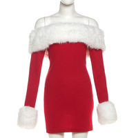 Color-blocked plush off-shoulder fitted dress - Thumbnail 7