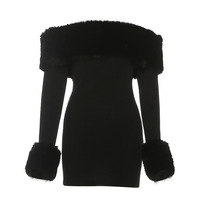 Color-blocked plush off-shoulder fitted dress - Thumbnail 8