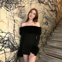 Color-blocked plush off-shoulder fitted dress - Thumbnail 1