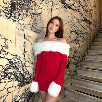 Color-blocked plush off-shoulder fitted dress