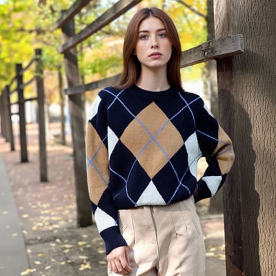 Retro-style round neck long-sleeved loose-fitting diamond pattern pullover sweater