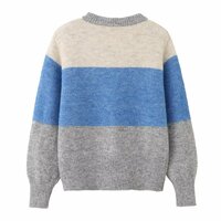 Retro-style, relaxed, color-blocked striped crew neck, single-breasted long-sleeved cardigan sweater - Thumbnail 1