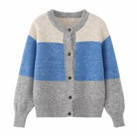 Retro-style, relaxed, color-blocked striped crew neck, single-breasted long-sleeved cardigan sweater - Thumbnail 2