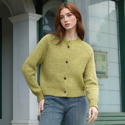 Retro-chic casual outfit with floral-colored cardigan and sweater