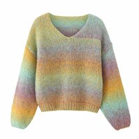 Loose-fitting, gradient color V-neck long-sleeved comfortable and warm knitted sweater - Thumbnail 2