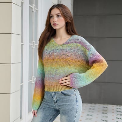 Loose-fitting, gradient color v-neck long-sleeved comfortable and warm knitted sweater