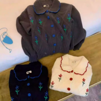 Flower Embroidery Button Knit Sweaters Cardigan - Thumbnail 5