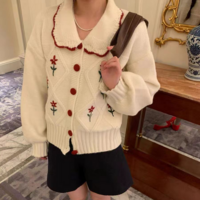 Flower Embroidery Button Knit Sweaters Cardigan - Thumbnail 1