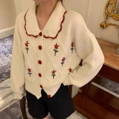 Flower embroidery button knit sweaters cardigan