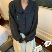 Flower Embroidery Button Knit Sweaters Cardigan - Thumbnail 4