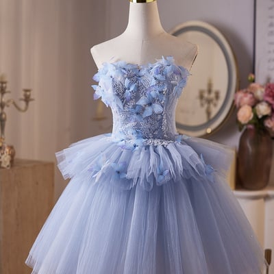 Blue tulle beads short a-line prom party dress - Thumbnail 1