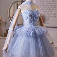 Blue Tulle Beads Short A-Line Prom Party Dress - Thumbnail 1