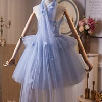 Blue Tulle Beads Short A-Line Prom Party Dress - Thumbnail 2