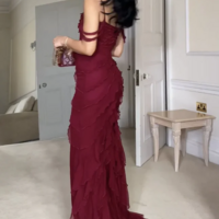 Off Shoulder Straps Wine Red Multi-layered Ruffles Split Long Prom Dress - Thumbnail 1