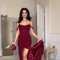 Off Shoulder Straps Wine Red Multi-layered Ruffles Split Long Prom Dress - Thumbnail 2