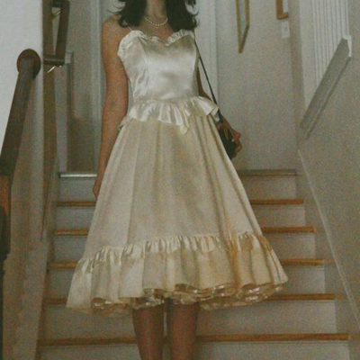 Spaghetti straps a-line ivory midi length party dress