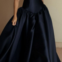 Strapless A-Line Navy Blue Satin Long Party Dress - Thumbnail 1