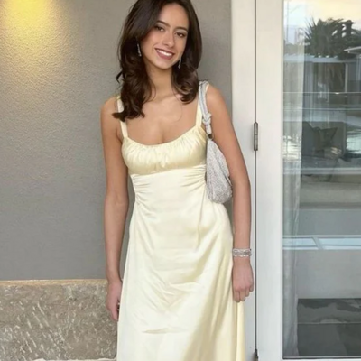 Spaghetti straps a line yellow long party dress