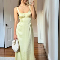 Spaghetti Straps A Line Yellow Long Party Dress - Thumbnail 1