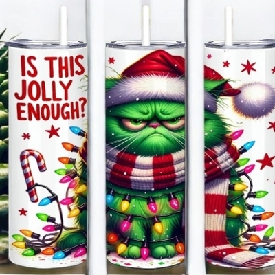 Grumpy cat christmas tumbler 20oz skinny, sarcastic funny holiday gift, "is this jolly enough?" 