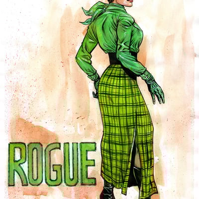 Rogue in plaid chartreuse skirt original drawing