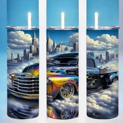 Custom hot rod truck tumbler 20oz skinny, vintage pickup lowrider gift for man or dad, flame decal