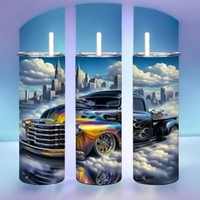 Custom Hot Rod Truck Tumbler 20oz Skinny, Vintage Pickup Lowrider Gift for Man or Dad, Flame Decal - Thumbnail 1