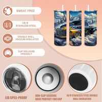 Custom Hot Rod Truck Tumbler 20oz Skinny, Vintage Pickup Lowrider Gift for Man or Dad, Flame Decal - Thumbnail 3