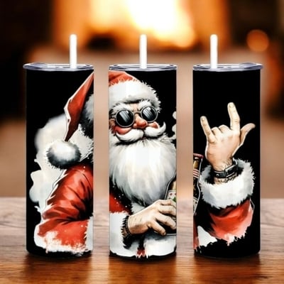 Rock n' roll santa tumbler 20oz skinny, biker christmas gift, rock horns, beer bottle, shades.