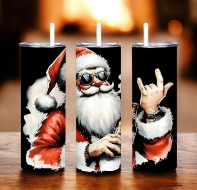Rock N' Roll Santa Tumbler 20oz Skinny, Biker Christmas Gift, Rock Horns, Beer Bottle, Shades.