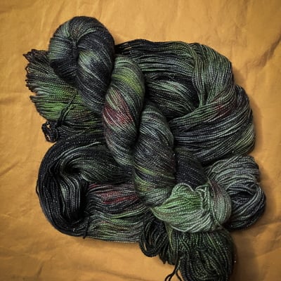 Frankenstein’s monster hand dyed fingering weight sparkle sock yarn