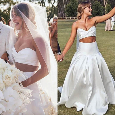 Simple  two piece wedding gown bridal dresses satin