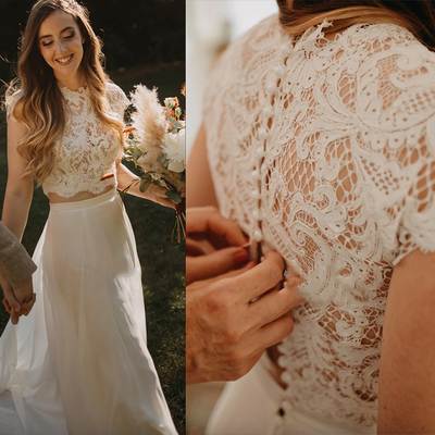 Vintage two piece wedding gown lace bridal dresses 