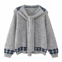 Retro-style bow-knit crocheted shawl two-piece set with scarf and knit sweater - Thumbnail 3