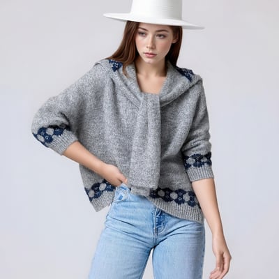 Retro-style bow-knit crocheted shawl two-piece set with scarf and knit sweater