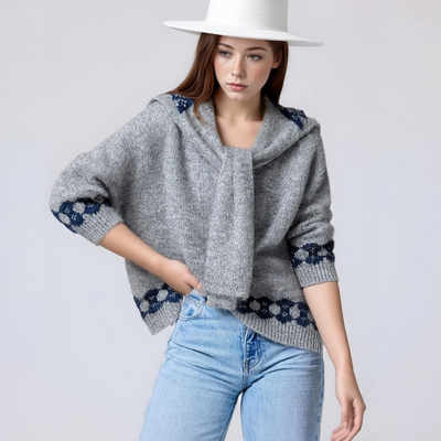 Retro-style bow-knit crocheted shawl two-piece set with scarf and knit sweater