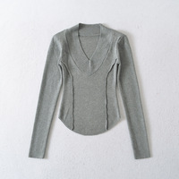 V-neck short striped slim-fit base knit sweater - Thumbnail 1