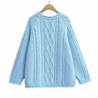 Round neck long-sleeved cable knit sweater with rolled hem - Thumbnail 2