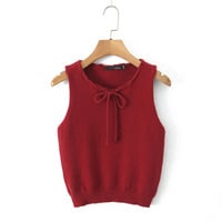 Casual round neck sweater vest with bow at the neckline - Thumbnail 2