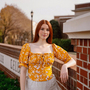 Mustard Floral Square Neck Puff Sleeve Crop Top – Boho Summer Blouse-1