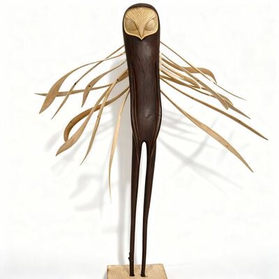 Wooden sculpture by Tach Pollard "Owlman Whispering" 